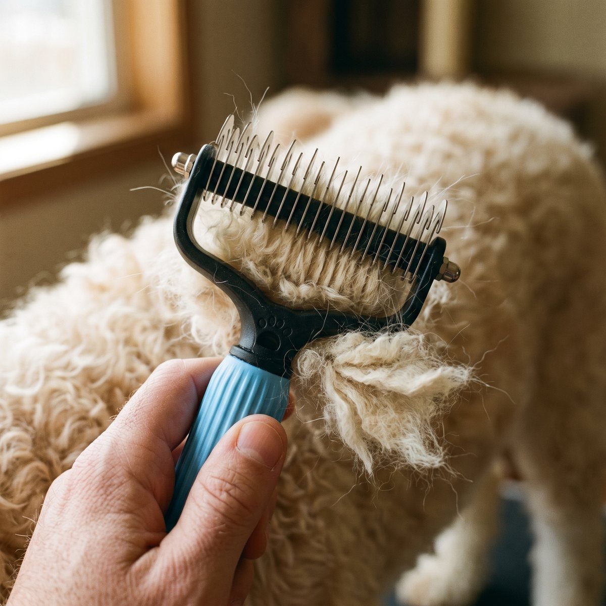 Close-up of the comb cutting through a matted coat