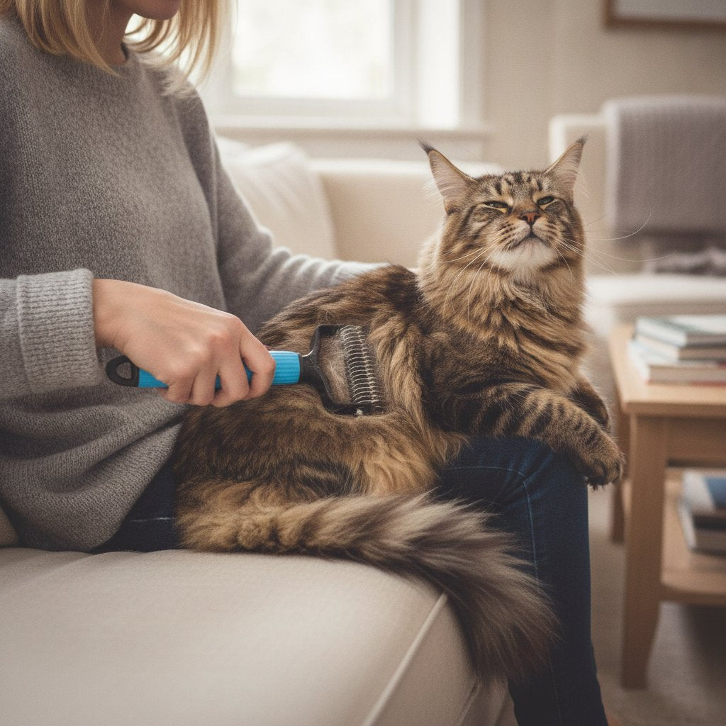 Cat groomed calmly on owner's lap with the GentleGlide comb