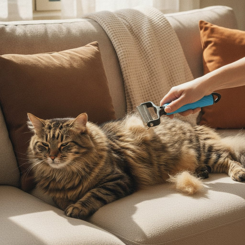 Long-haired cat groomed calmly on the sofa