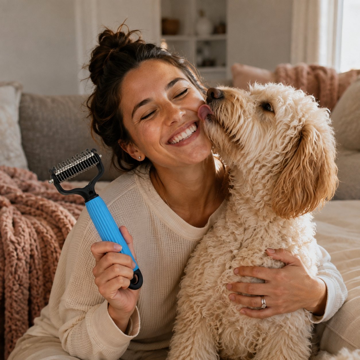 A woman gently combing a relaxed goldendoodle with the Coat & Clover detangling comb